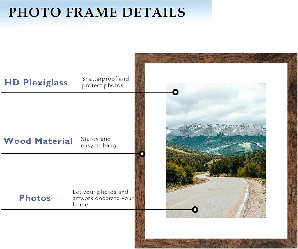 Skiennix 11x14 Picture Frame - Deep Brown Wood Frame with 8x10 Mat for Wall Display