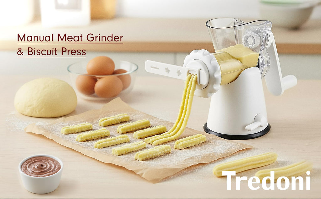 Tredoni Manual Meat Mincer Grinder & Vegetable Shredder, Biscuit Press Machine Cookie Maker + Churros/Biscuits Pattern Attachment (4 Patterns), White