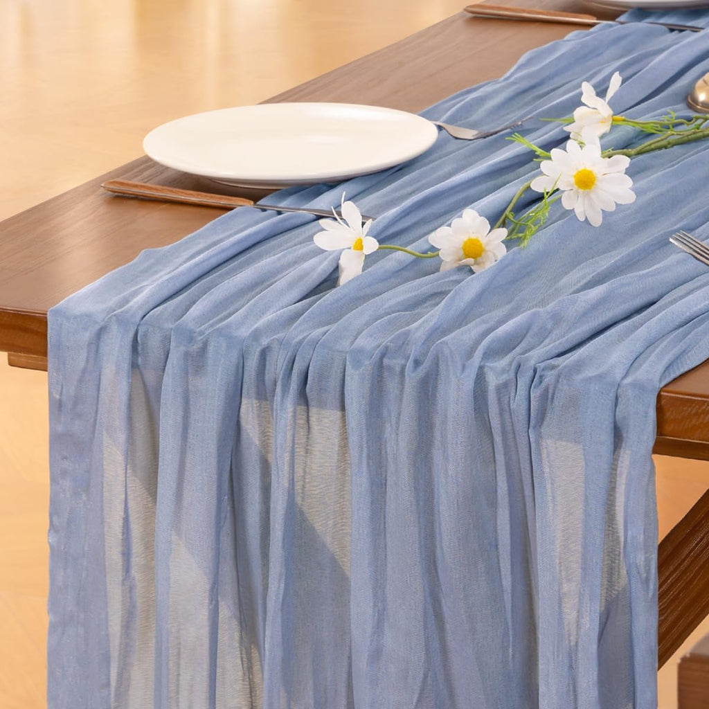 Socomi Cheesecloth Table Runner - Dusty Blue Boho Rustic Gauze | 120 Inch for Weddings & Events