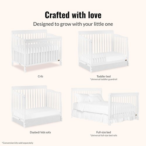 Dream On Me Ashton 4-in-1 Convertible Baby Crib - Full-Size, Sustainable Pinewood, White Finish, GreenGuard Gold Certified