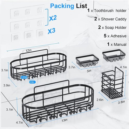 GearFusion Shower Caddy - Rustproof Stainless Steel Bathroom Organizer with 18 Hooks | 5 Pack Space-Saving Storage