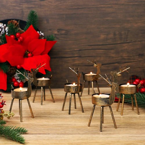 Juegoal Reindeer Tealight Candle Holders - Set of 6 Rustic Bronze Iron Metal Christmas Decorations | Durable Holiday Centerpiece