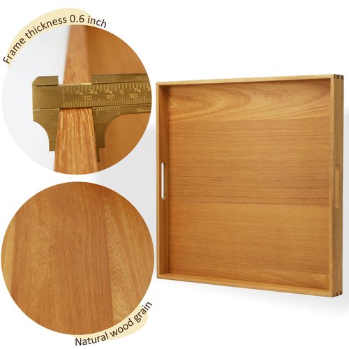 MAGIGO 19 x 19 Inches Large Square Teak Wood Ottoman Tray with Handles, Serve Tea, Coffee Classic Wooden Decorative Serving Tray