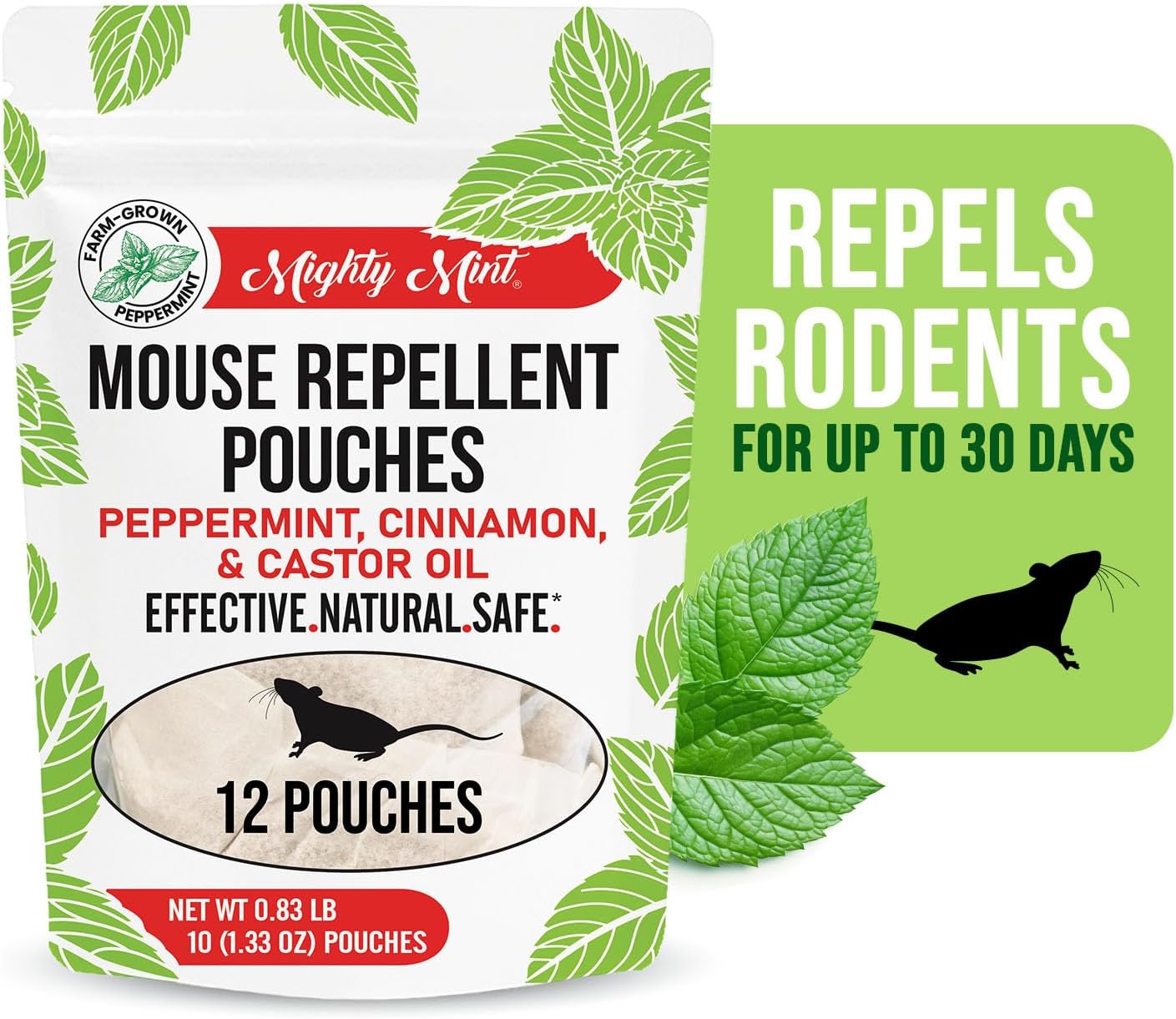 Mighty Mint Mouse Repellent Pouches - Natural Peppermint & Cinnamon Formula | Long-Lasting Rodent Deterrent - 12 Count