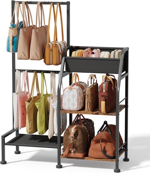 Homsorout Purse Organizer for Women - 3-Tier Storage Stand with 12 Fixed Hooks | Space-Saving Black Rack