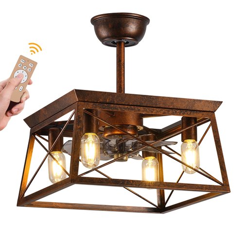 Farmhouse Ceiling Fans with Lights Remote Control Rustic Ceiling fans with Lights Caged Fandelier Flush Mount Ceiling Fan with Light Indoor Outdoor for Gazabo Bedroom Dining Room Living Room