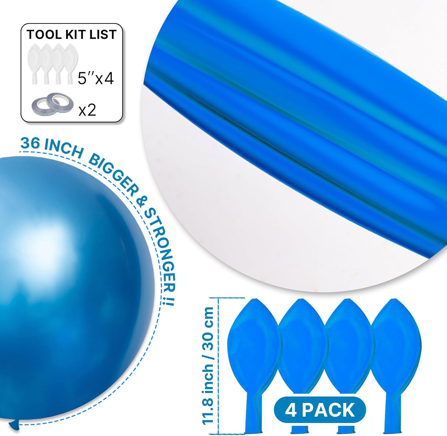 PartyWoo Metallic Blue Balloons - 36 Inch Chrome Latex Helium Balloons for Events | 4pcs