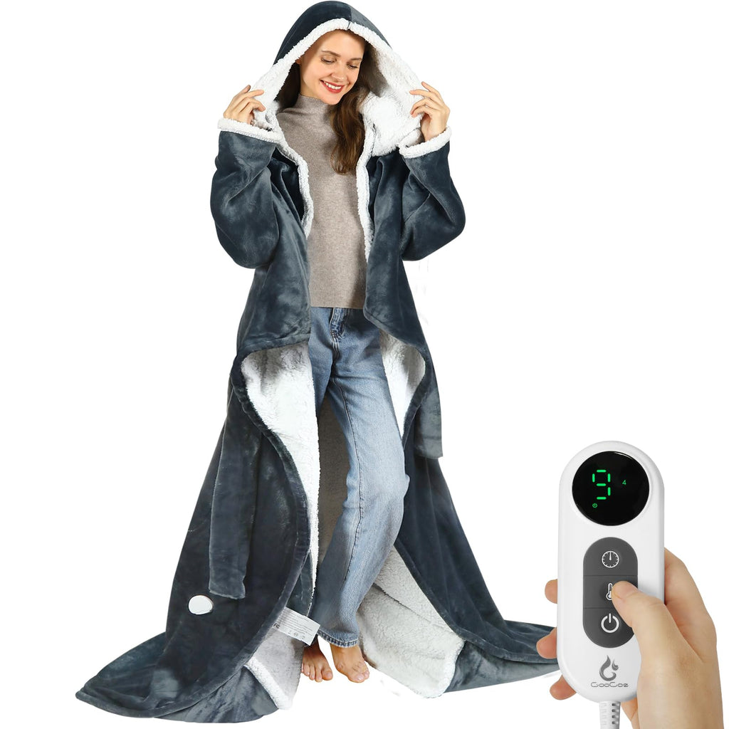 Goocoz Wearable Heated Blankets, Electric Snuggle Blanket with Foot Pockets, Sleeves, Hood, Waist Belt, 50"x70" Electric Heating Throw Blanket Wearable Heated Robe