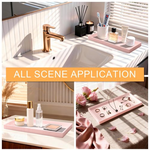 Bathroom Vanity Tray, Silicone 11.8 x 5 Inch Bathroom Counter Tray Decor, Extra-Large Bathroom Trays Holders and Organizers for Toilet Top, Dresser, Waterproof Decorative Tray, Pink