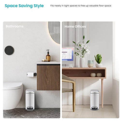Home Zone Living 1.3 Gallon Small Trash Can with a Lid and Step Pedal, Stainless Steel with Slim Ribbed Design for Home and Office, Silver, 5 Liters