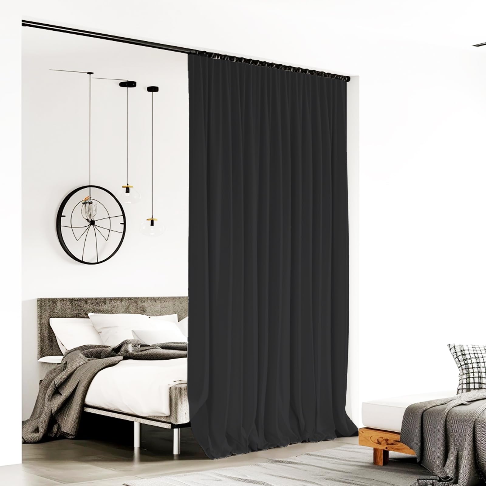 Room Divider Curtains for Ceiling Track Rod, Blackout Ceiling Track Curtains with Hooks Noise Reduction Privacy Curtain for Wall Ceiling Mount Track, 8.3 ft Wide x 7 ft Tall, Black, 1 Panel