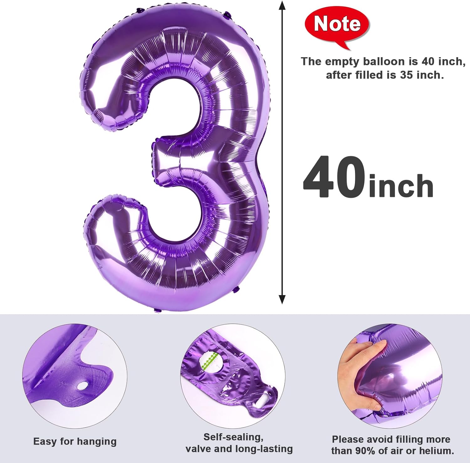 Numbers Balloon - 40 Inch Large Purple Balloon for 3rd Birthday Party Decorations
