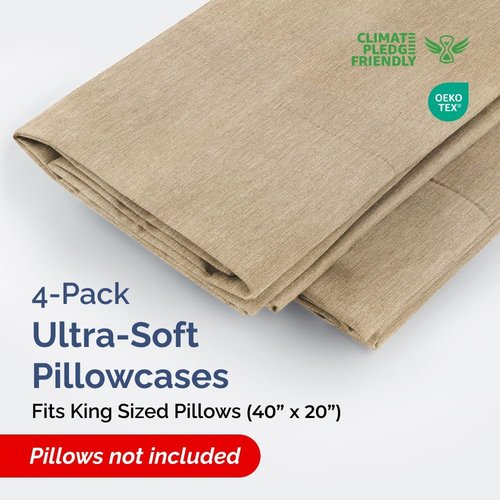 King Pillow Cases by Luxurious Home | Ultra Soft Hotel Quality - Wrinkle Free & Fade Resistant - 4 Piece Set in Heathered Tan