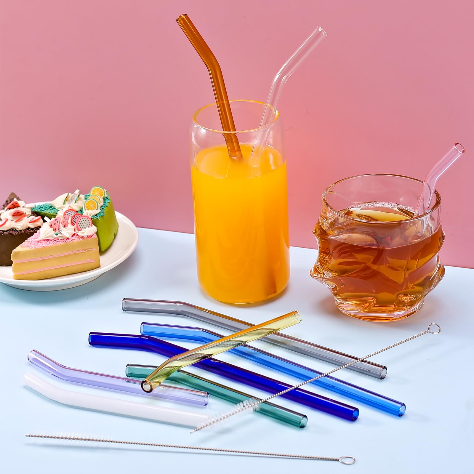 10 Pcs Reusable Colorful Bent Glass Straws,Size 9''x10mm and 6''x10mm Cute Short Glass Straws Shatter Resistant with 2 Cleaner Brush for Beverages,Coffee,Juice,Cocktail,Teas