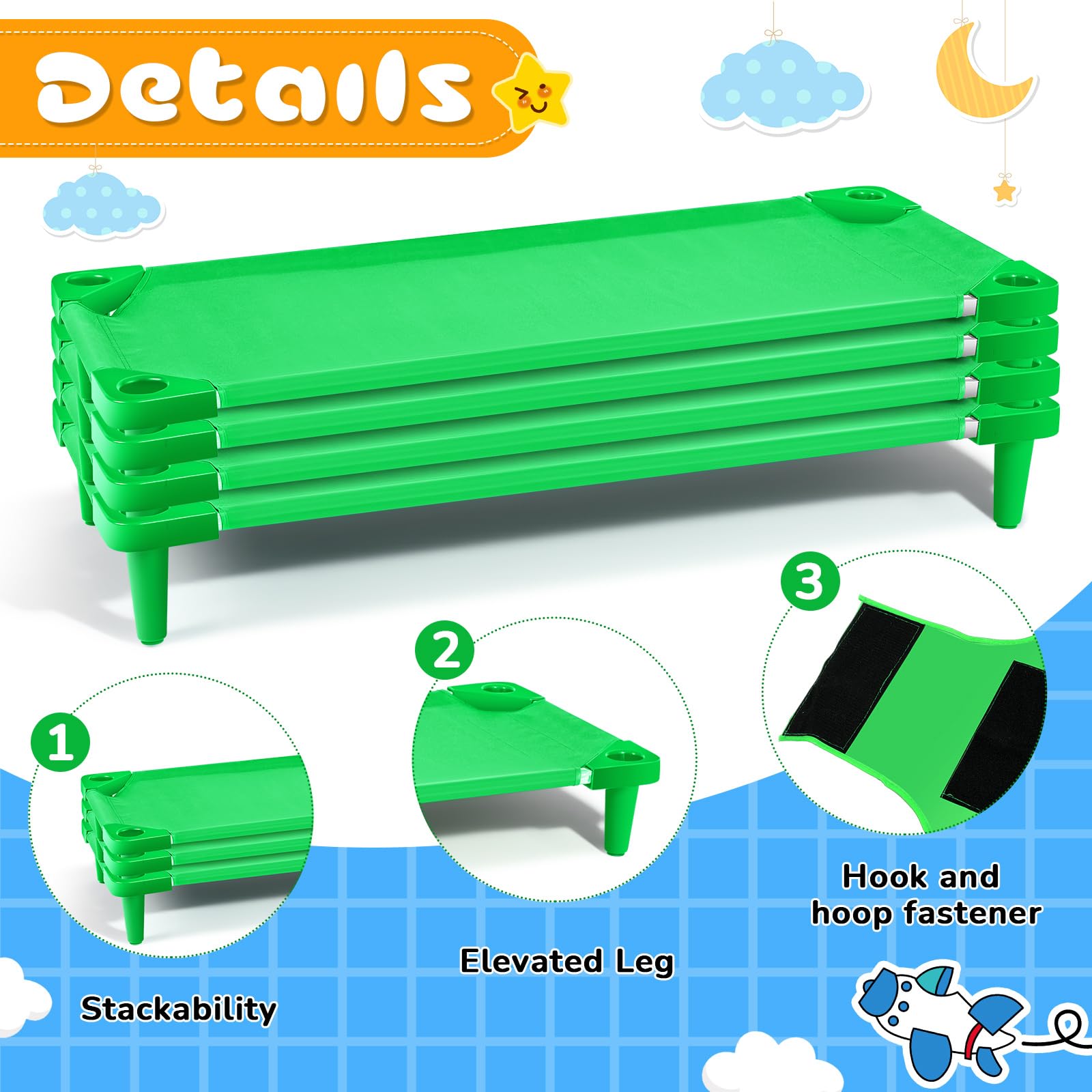 Burbell 4 Pcs Stackable Daycare Cots for Toddler 54" l x 23" W Kids Cots for Sleeping Portable Kids Bed Furniture Bed Frames Headboards Footboards for Classroom Preschool (Green)