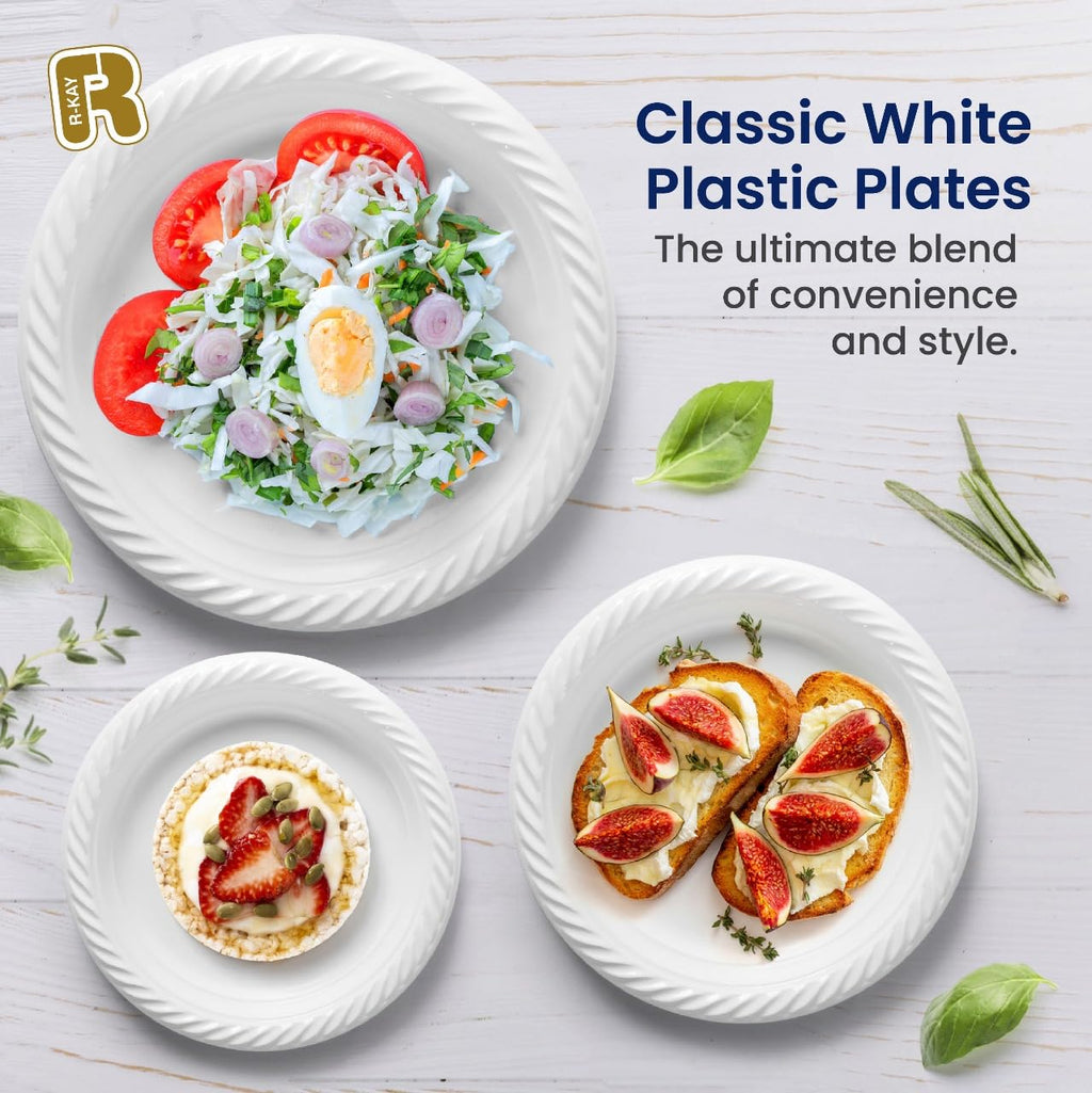 R-kay 100 Pack 9 Inch Plastic Plates Disposable - Heavy Duty 9 Inch White Disposable Plates - Microwavable Disposable Plastic Plates