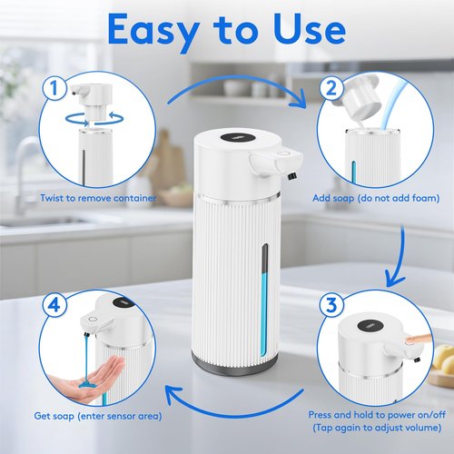 2026 Upgrade Automatic Soap Dispenser Touchless, 14.2oz/420ml Dish Hand Soap Dispenser for Bathroom and Kitchen, 4 Adjustable Volume, USB Rechargeable, Clog-Free, Large Capacity, White