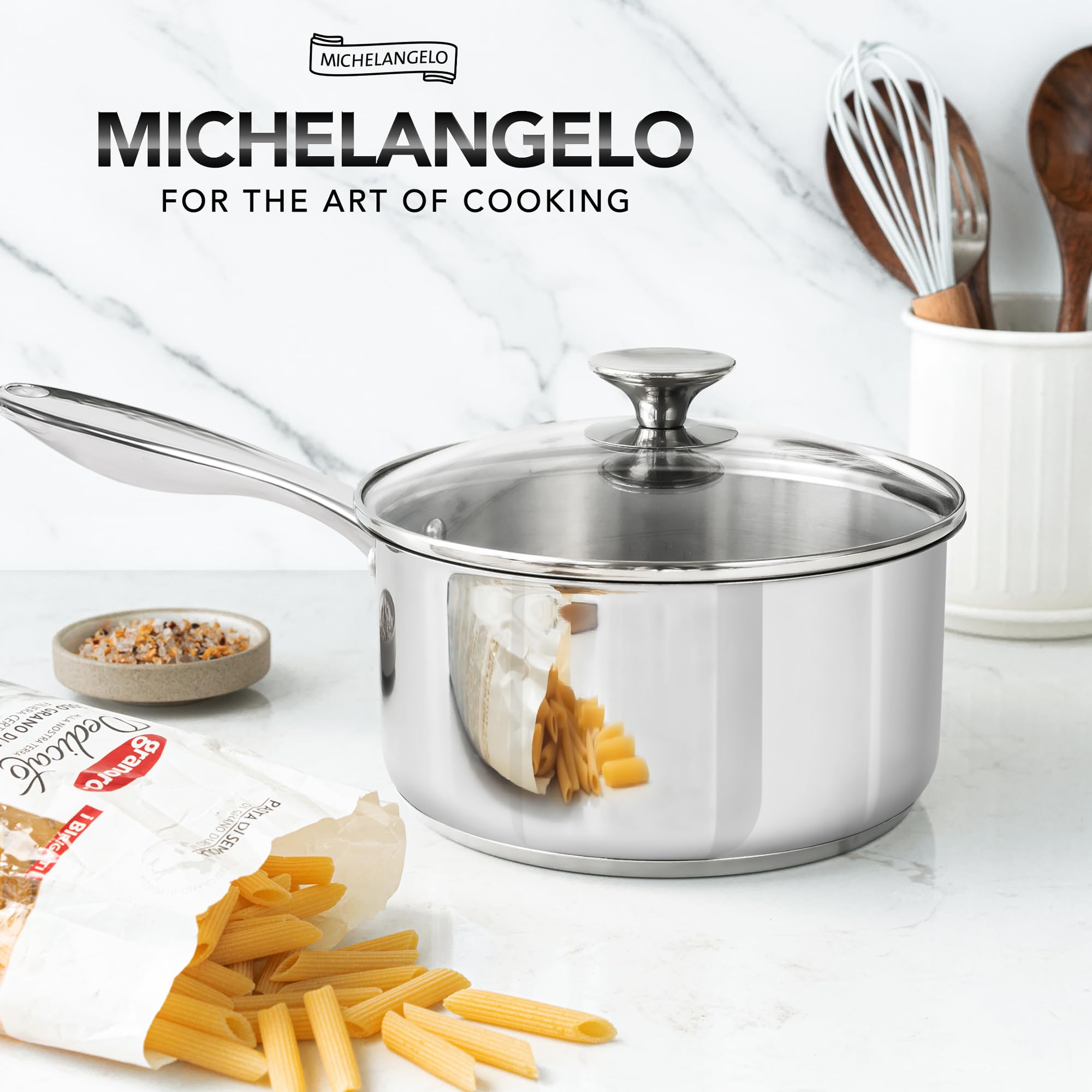 MICHELANGELO 4 Quart Saucepan with Lid, Thick Bottom Stainless Steel Saucepan with Cover, 4 QT Sauce Pot, Induction Ready & Dishwasher Safe