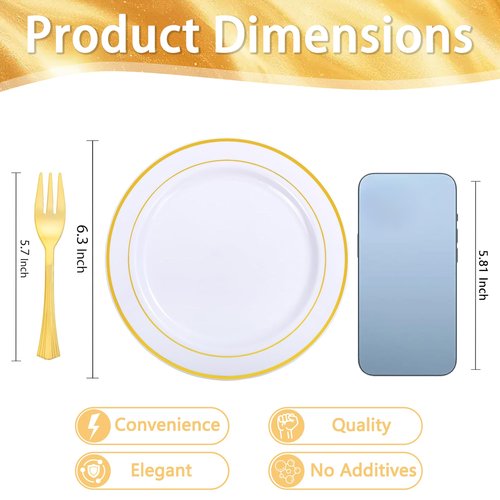 WELLIFE 120 PCS Plastic Dessert Plates and 120 PCS Forks, 6.3 inch Disposable Salad Plate, Premium White Appetizer Plates with Gold Rims Perfect for Party and Wedding