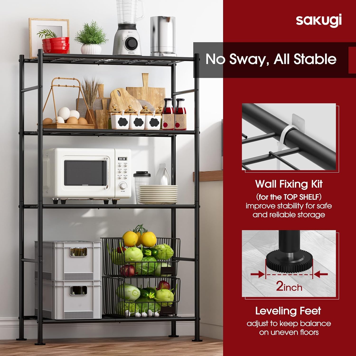 Sakugi Storage Shelves - Heavy Duty 4-Tier Shelf Organizer for Garage, Pantry & Closet | 33" W x 12.6" D x 57.2" H, Black