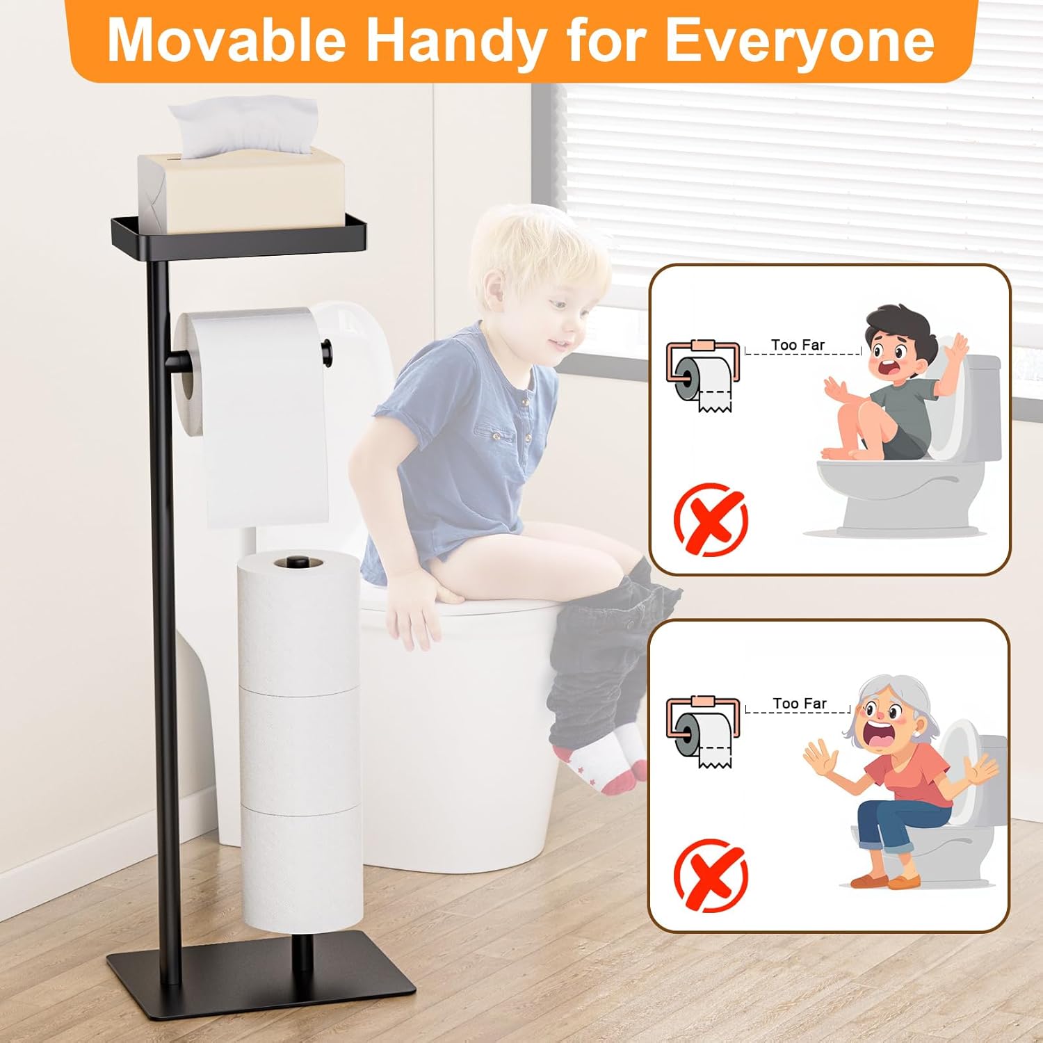Skiennix Freestanding Toilet Paper Holder - Rustproof Metal Stand with Weighted Base | Fits 4 Rolls & Shelf for Phone