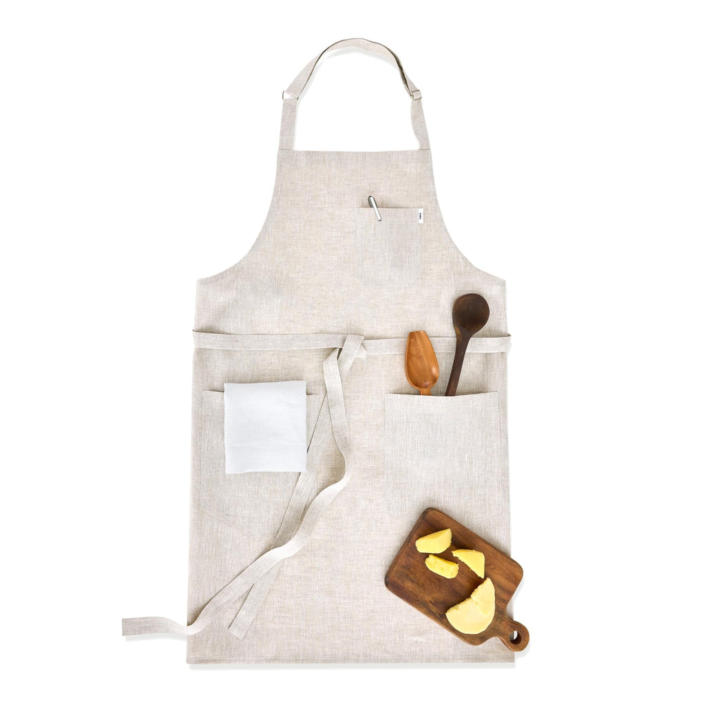 Solino Home Linen Kitchen Apron for Men & Women - Light Natural Bib Apron with Front Pockets - Handcrafted from European Flax