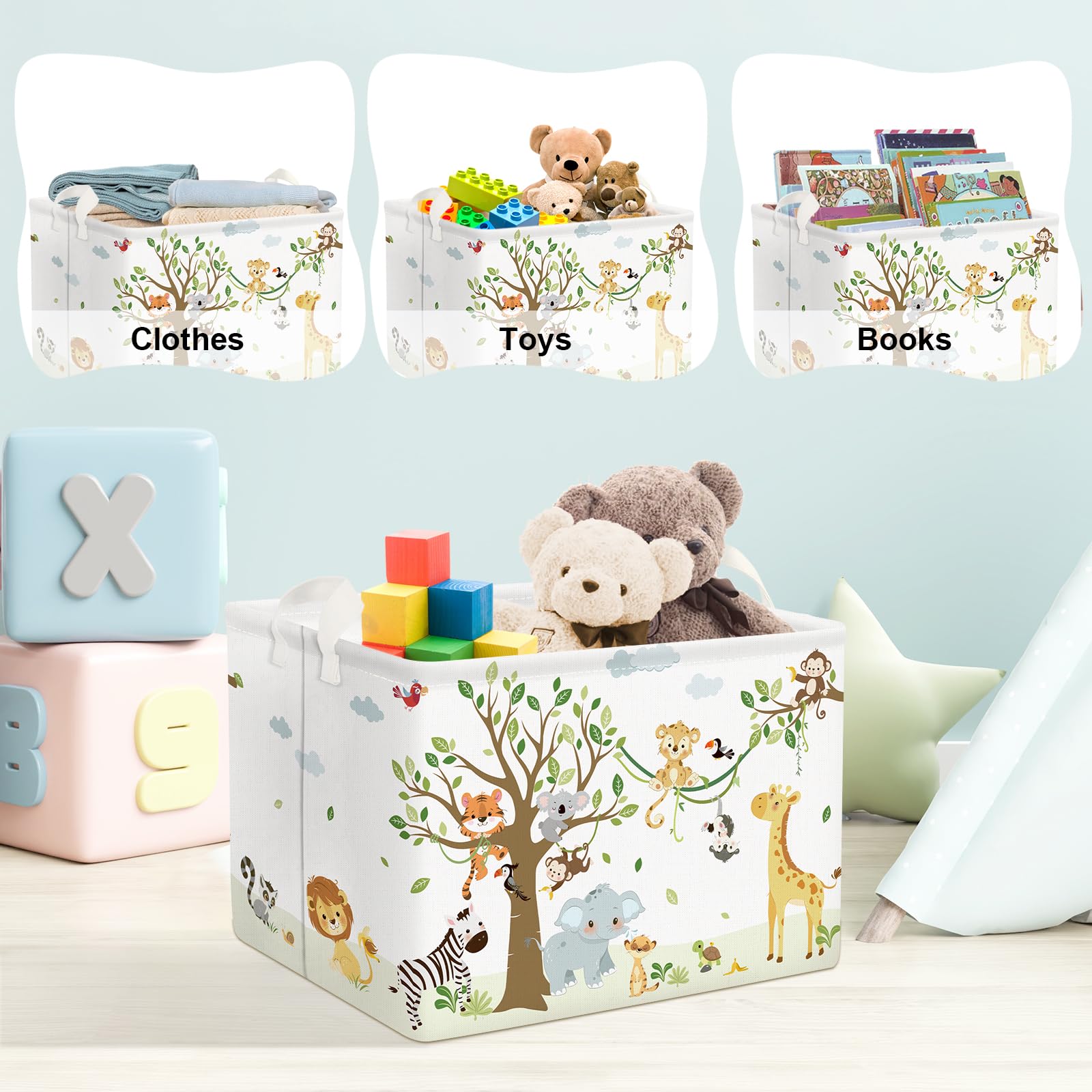 Clastyle 36L Woodland Vine Animal Tree Nursery Decor Baby Basket Collapsible Rectangle Giraffe Monkey Tiger Clothes Toy Book Shelf Basket