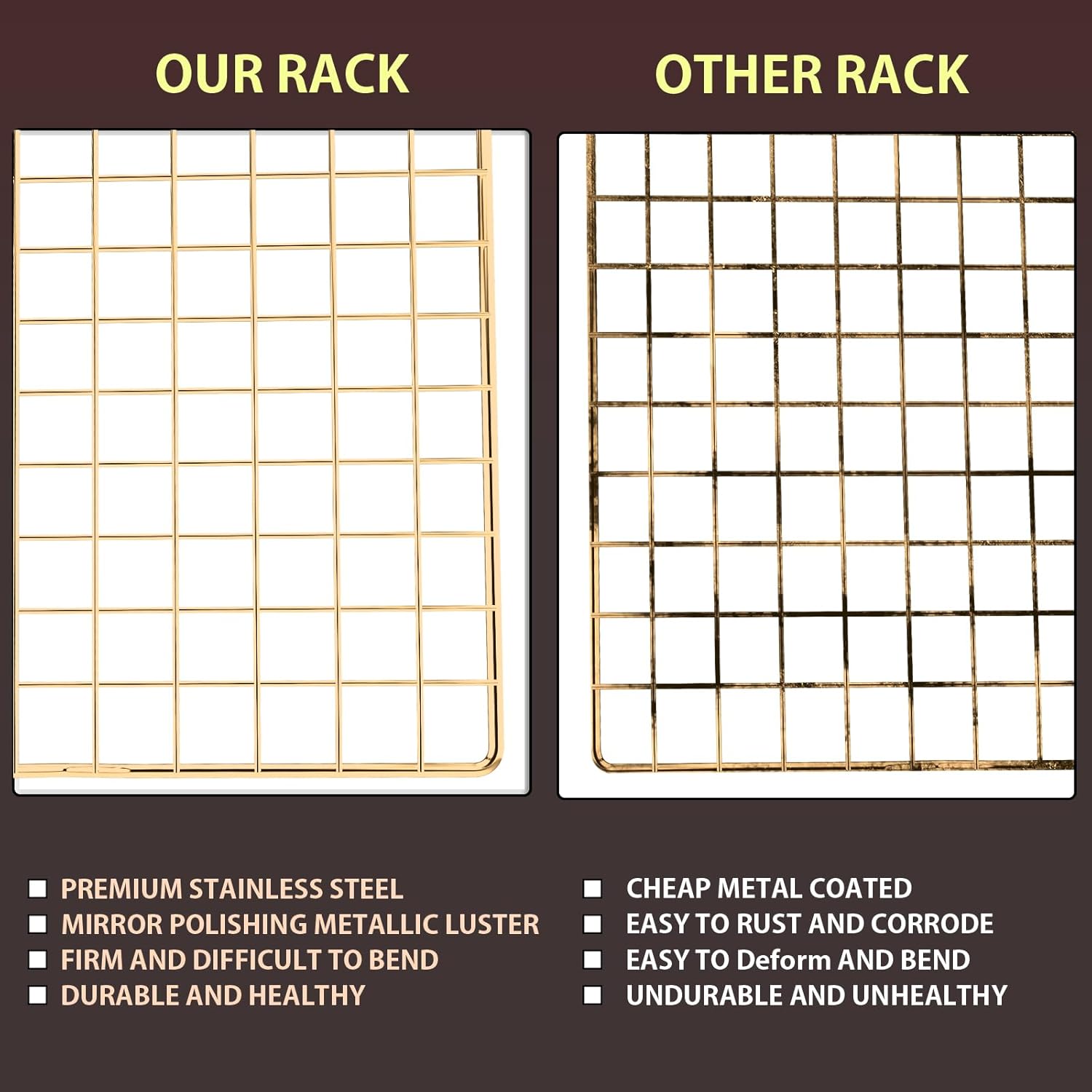 Skiennix Cooling Rack - 2-Pack 16x10 Inches Thick Wire Baking Rack for Oven Safe Cooking | Gold