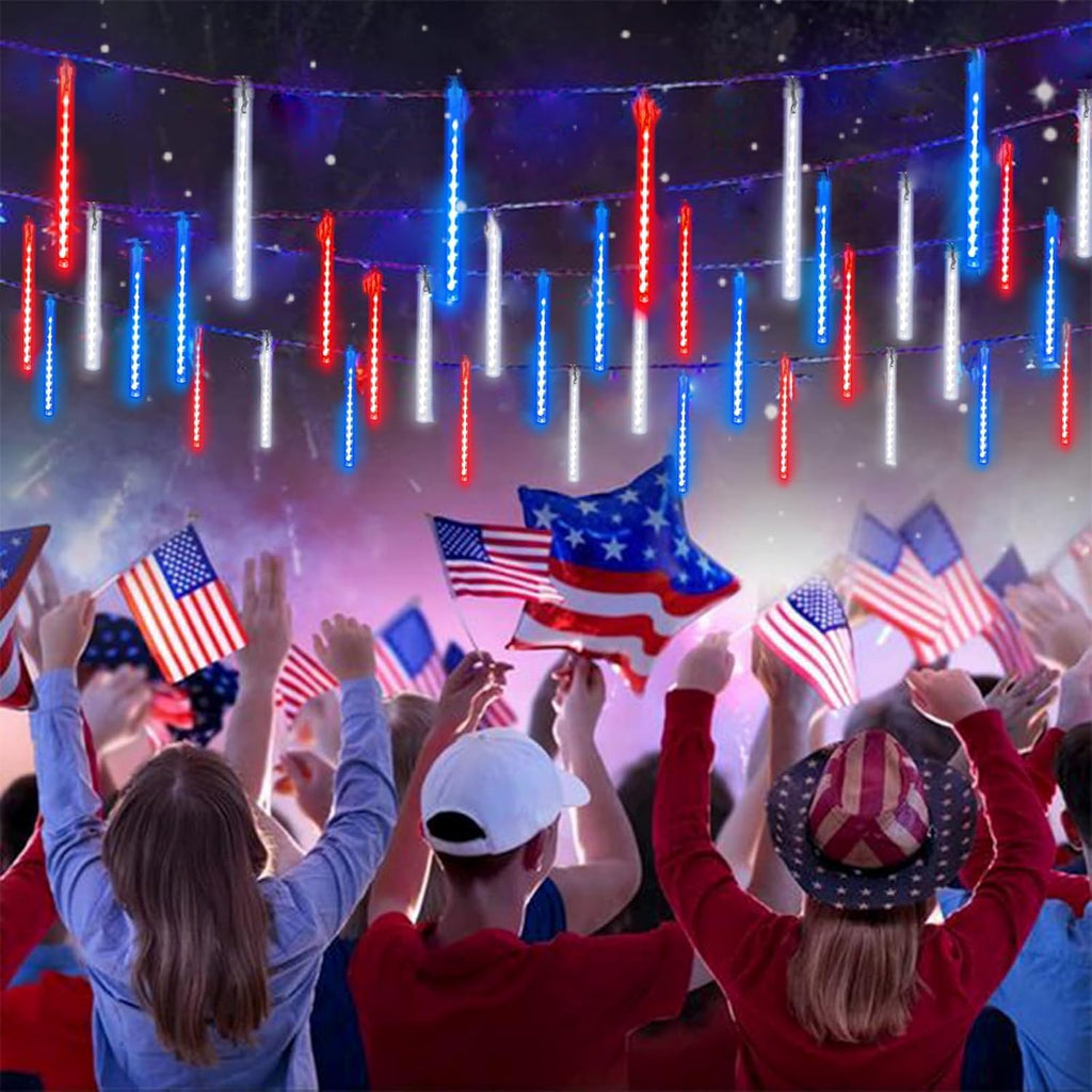 Skiennix 4th of July Outdoor Decorations - 250th Anniversary Solar Meteor Shower Lights | 18 Tubes, 432 LEDs, Waterproof