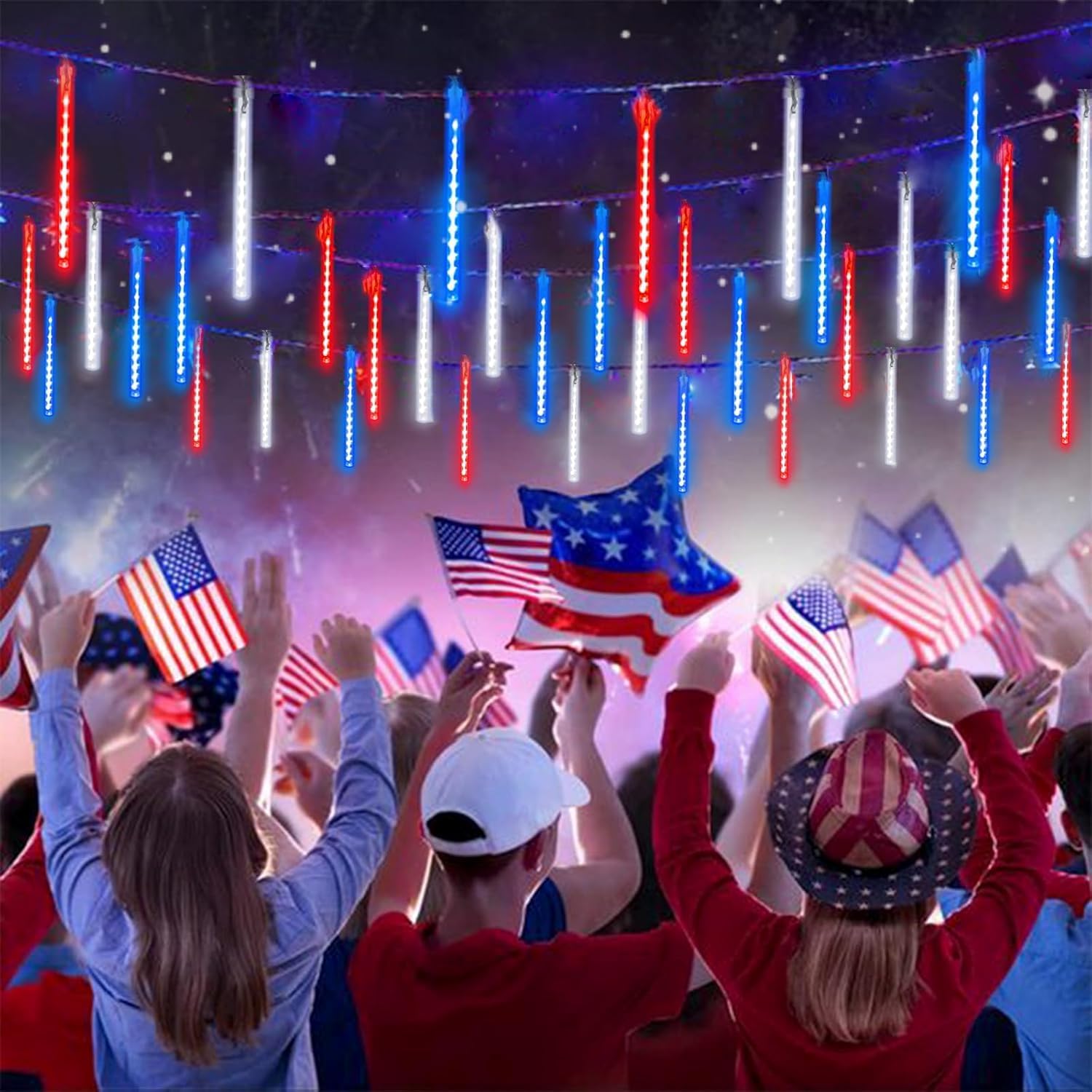 Skiennix 4th of July Outdoor Decorations - 250th Anniversary Solar Meteor Shower Lights | 18 Tubes, 432 LEDs, Waterproof