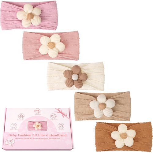 CÉLLOT Baby Flower Headbands - Soft Nylon Hair Accessories for Newborns & Toddlers | 5 Pcs Set