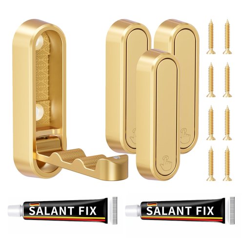CMRUI Folding Coat Hooks, Heavy Duty Zinc Alloy Wall Hooks for Hanging Clothes, Bags, Hats, Keys - Adhesive & Screw Mounting for Bathroom, Kitchen, Entryway, Closet (4-Pack, Gold)