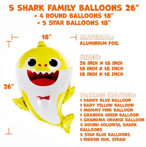 GRAME Shark Birthday Party Decorations for Boys and Girls, 26” Balloons XL for Baby Birthday Party with 9 Pcs 18” Round and Blue Star Ocean Theme Cartoon Balloons, Shark Party Decorations (14 pcs)