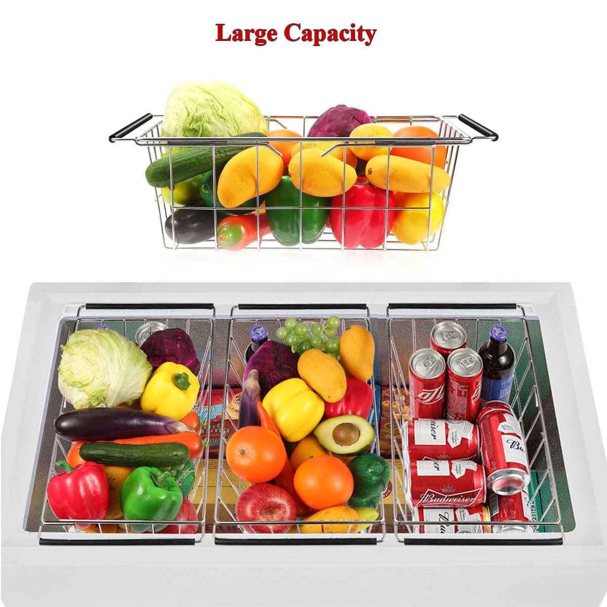 Orgneas Expandable Chest Freezer Basket, Stainless Steel Hanging Deep Freezer Organizer Bins Adjustable Handles (16.5" ~ 20") Wire Basket Storage Rack, Fits 5 Cu.FT and 7 Cu.Ft Chest Freezer