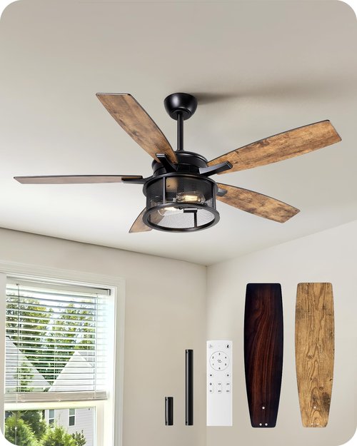 EDISHINE 52" Farmhouse Ceiling Fans with Lights and Remote, 10%-100% Dimmable, 5 Wooden Blades Lighting & Ceiling Fans with Timer, 6 Speeds Reversible DC Motor for Living Room Bedroom