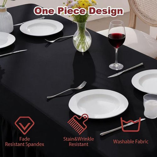 PWDAN 5 Pack Spandex Table Cloths for 6 Foot Rectangle Tables, Wrinkle Free Black Fitted Table Covers 6 Ft Stretch Polyester Tablecloths with Skirt for Party Banquet Wedding Birthday Christmas