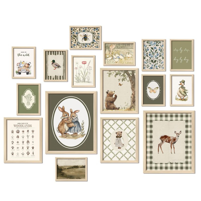 16 PCS Framed Woodland Nursery Wall Art Decor, Vintage Baby Girl & Boy Nursery Decor, Kid Toddler Room Bedroom Playroom Decor, Sage Green Animals Eclectic Gallery Wall Prints, Bear Duck Goose Rabbit ﻿