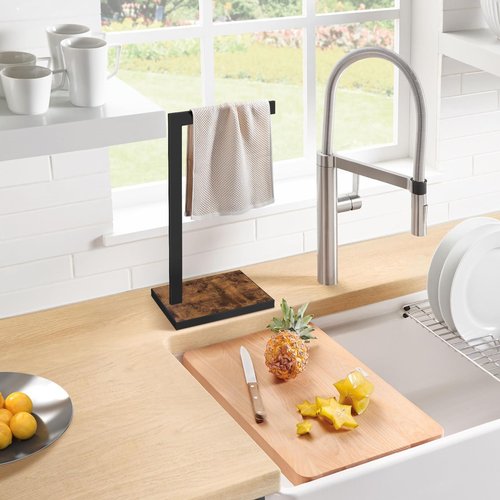 BCOZLUX Hand Towel Holder for Bathroom, Hand Towel Stand with Wood Base, L-Shape Hand Towel Rack Height 13.85'' for Vanity Countertop, Kitchen Counter, (Rustic Brown-Square Base-L Shape)