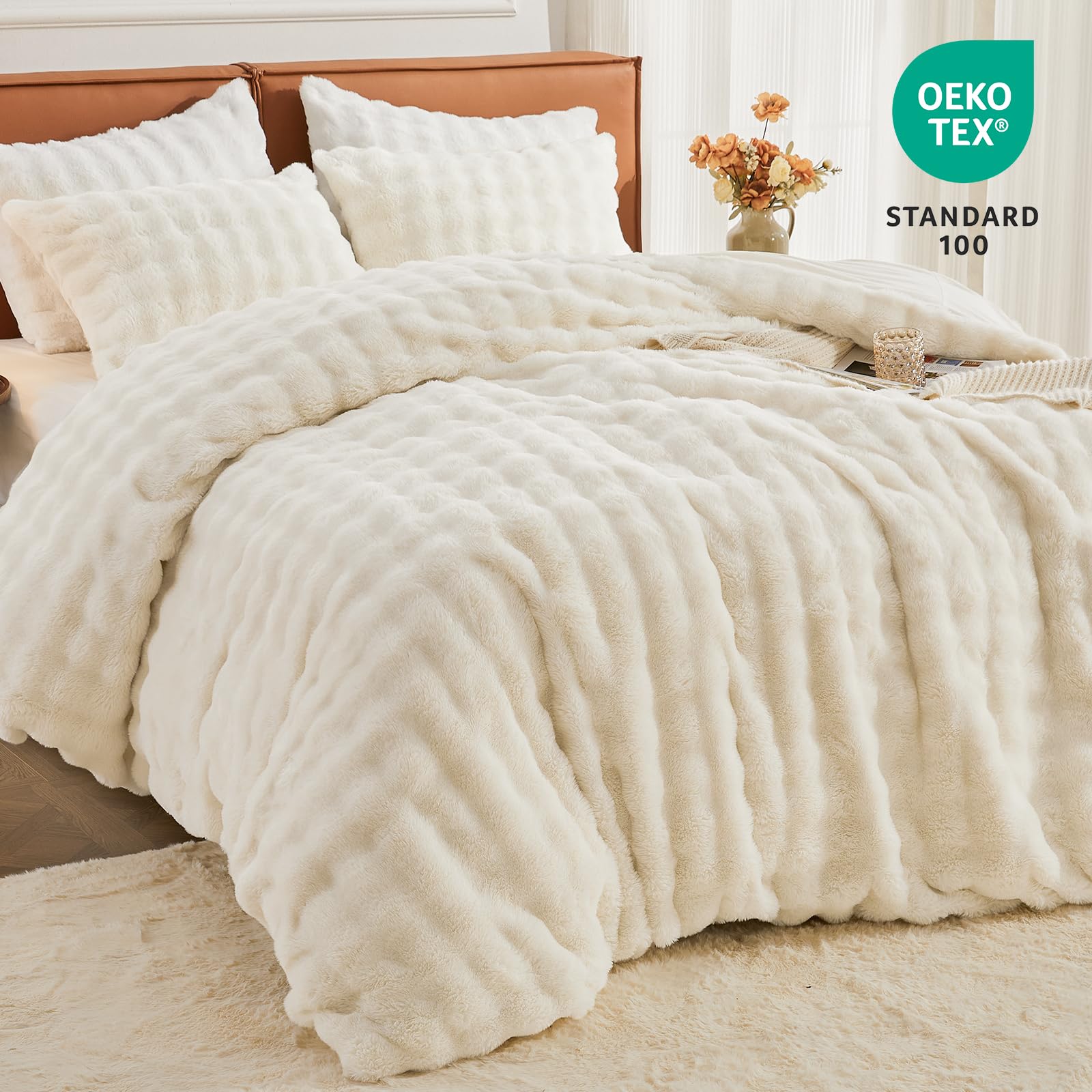 EMME Faux Fur Duvet Cover King Size, 3 Pieces Ultra Soft Fluffy Comforter Cover, Cozy Warm for Winter, Luxury Elegant Shaggy Bubble Design Bedding, 1 Duvet Cover & 2 Pillow Shams (King, Cream White)