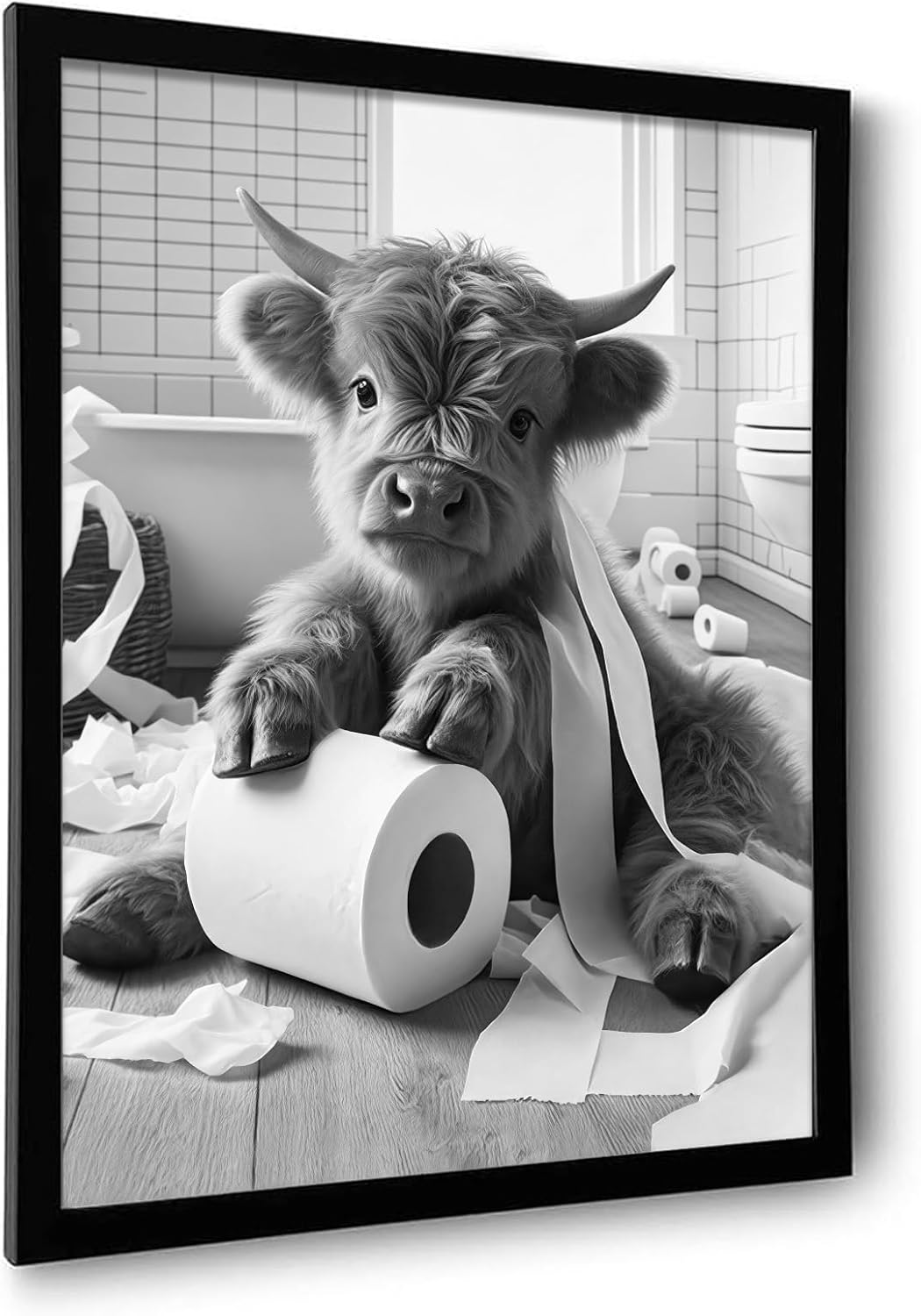 OIQArt Funny Bathroom Wall Art - Black & White Highland Cow Canvas Print | Modern Minimalist Decor
