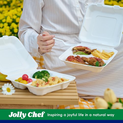 JOLLY CHEF Disposable Clamshell Take Out Food Containers, [8 * 8" 50-Pack] 3-Compartment Sugarcane Clamshell Takeout Boxes, 50-Pack To Go Boxes for Restaurants & Meal Prep