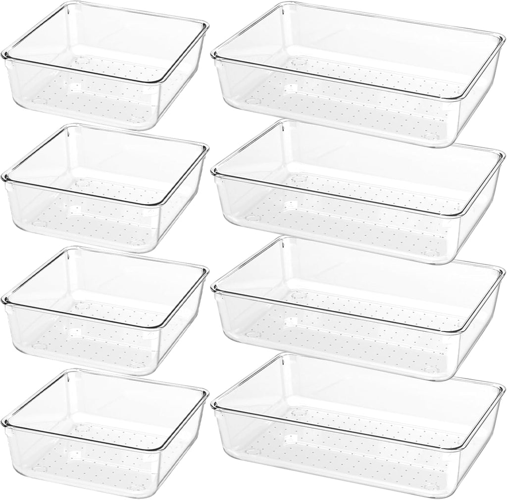 Skiennix 8-Piece Clear Plastic Drawer Organizer Set - Versatile Acrylic Trays for Makeup, Kitchen, Office & More