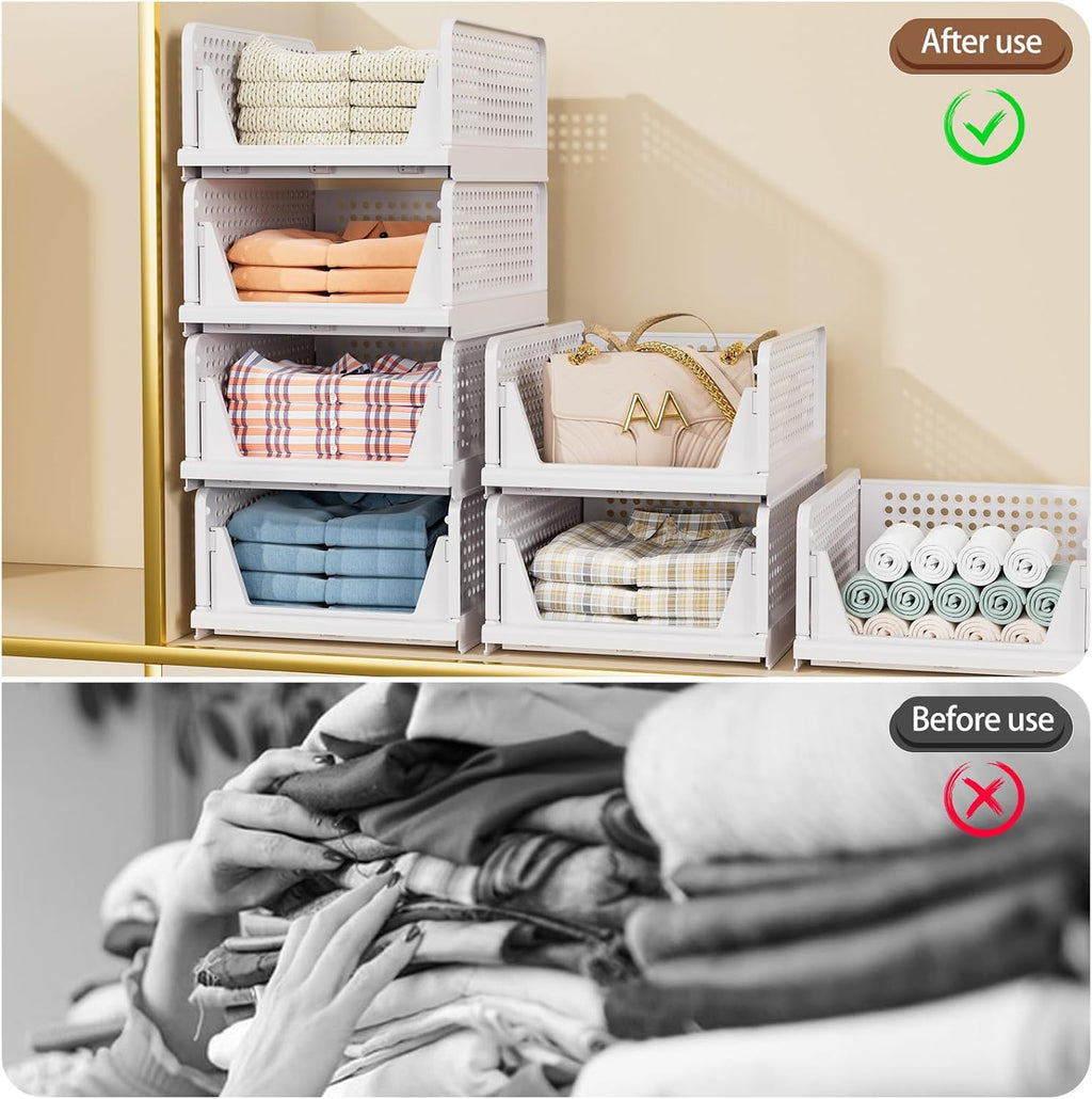 Skiennix Wardrobe Storage Organiser - 5 Pack Stackable Folding Closet Bins | Plastic Drawer Baskets in White