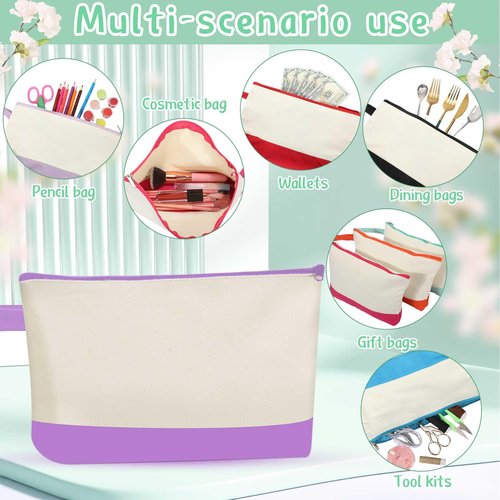 Sanwuta 30 Pcs Canvas Tote Bags Bulk with Zipper Cosmetic Pouch 18.5" Reusable Cotton Shopping Bag with Handle for DIY Craft (Colorful)