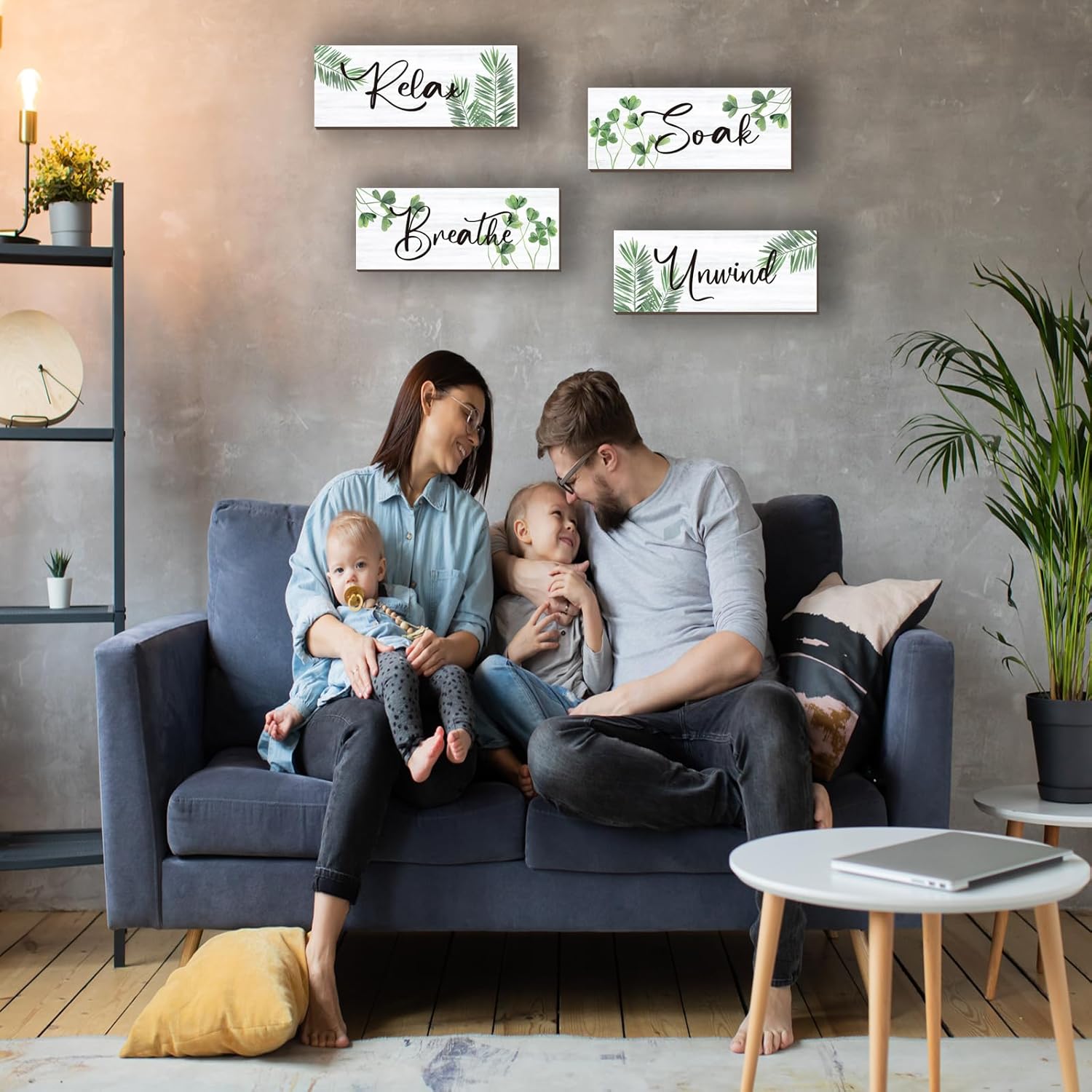 Skiennix Farmhouse Bathroom Wall Decor - Relax, Soak, Unwind Wooden Signs | Green Leaves 10x4 Inch