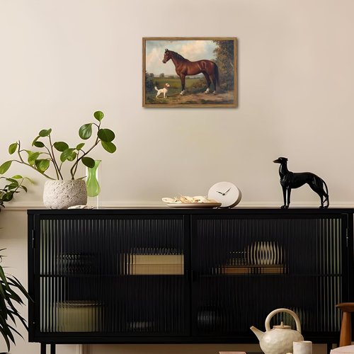Framed Vintage Wall Art - Rustic Horse & Dog Pictures | Farmhouse Canvas Prints 12x16 Inch