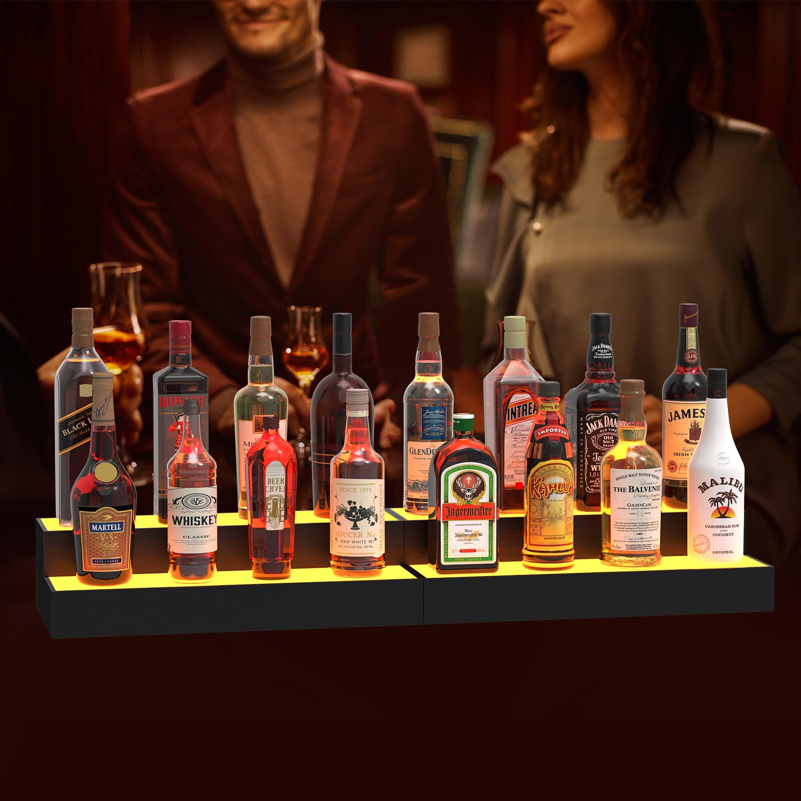 upcessory LED Lighted Liquor Bottle Display Shelf, 2 Tier 32 Inch Alcohol Whiskey Wood Rack Stand Tray for Home Bar Living Room Accessories and Decor, Bourbon Shelf for 16 Bottles