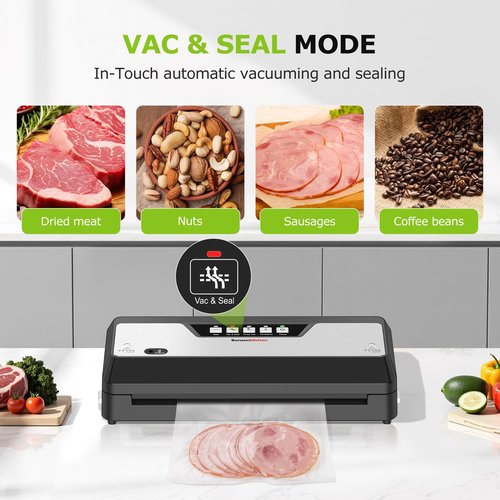 Bonsenkitchen Vacuum Sealer Machine, Built-in Cutter | Bag Storage, Multifunctional Food Sealer for Sous Vide & Meal Prep, 1 Roll Bag & 5 Pre-Cut Bags, Black-Stainless Steel