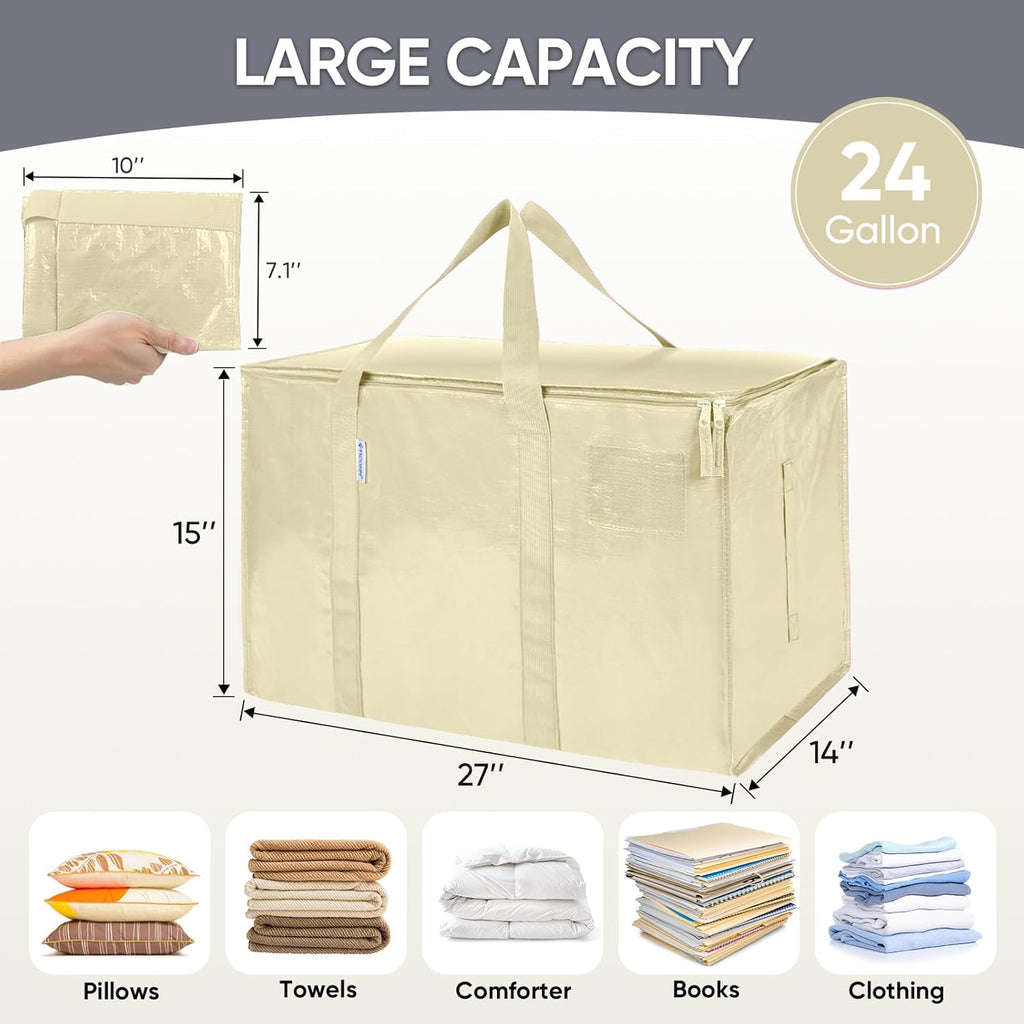TICONN Extra Large Heavy-Duty Moving Bags - Durable Storage with Zippers & Handles | 6 Pack, Cream