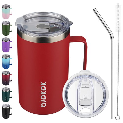 BJPKPK Insulated Coffee Mug with 2 Lids, 25oz Stainless Steel Insulated Tumbler with Handle, Double Wall Vacuum Coffee Cups, BPA Free Travel Mug for Coffee, Tea and Drinks, Red